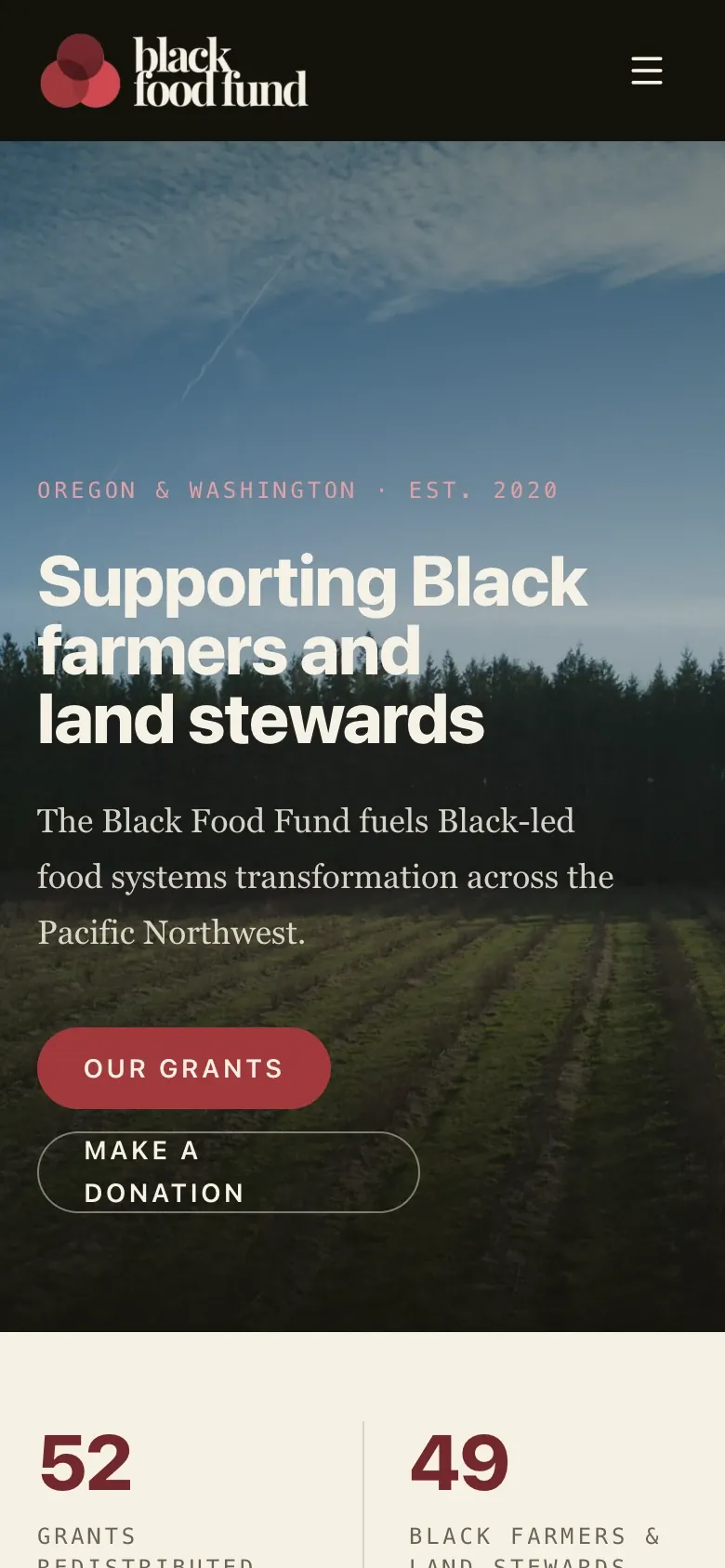 The Black Food Fund website after the redesign, on a phone.